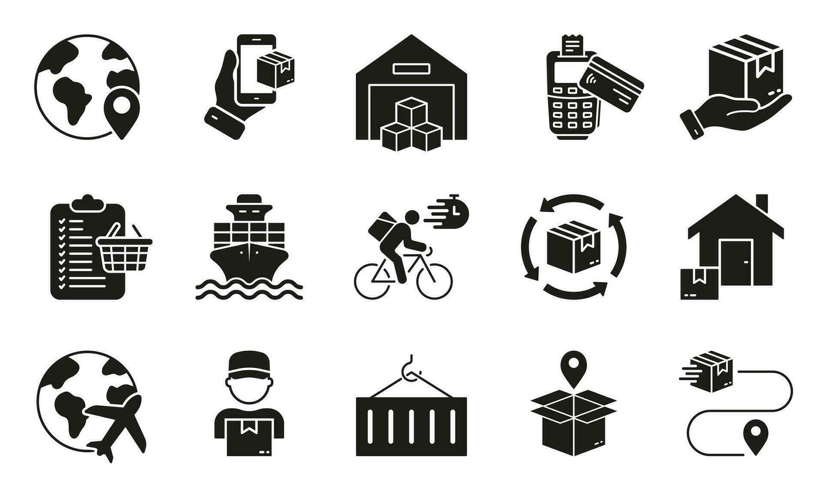 E-commerce and Delivery Service Silhouette Icon Set. Global Shipping Business Glyph Pictogram. Order Cargo, Parcel Box Solid Sign. Online Shopping Symbol Collection. Isolated Vector Illustration.