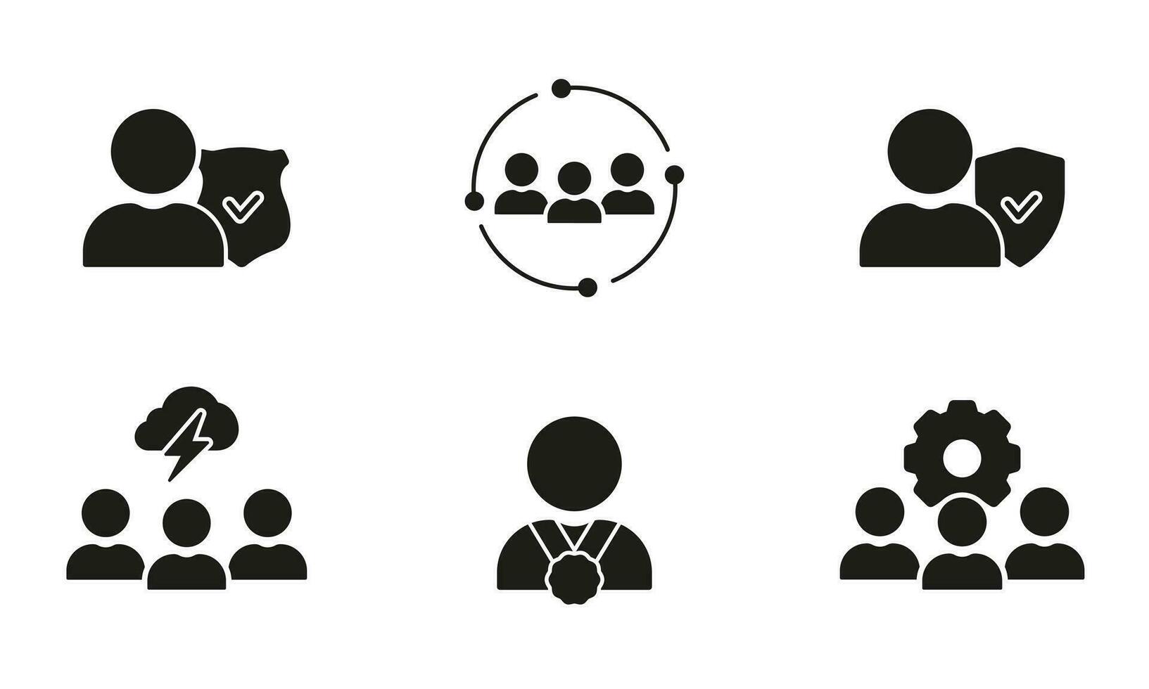 Employee Cooperation Silhouette Icons Set. Teamwork and Brainstorm Glyph Pictogram Collection. Social Protection Solid Sign. Business Management Symbol. Team Partnership. Isolated Vector Illustration.