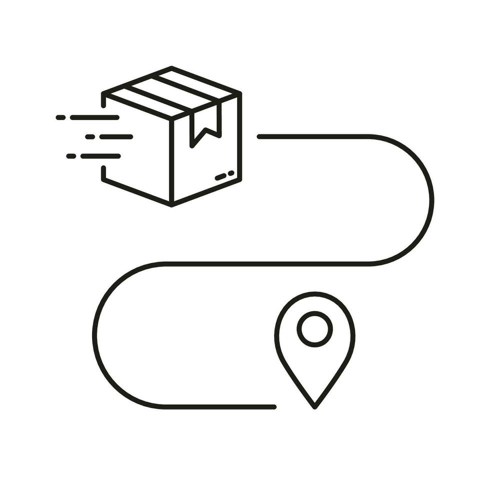 Shipment Distance, Pin on Map with Box Outline Icon. Order Route Sign. Parcel Location Linear Pictogram. Delivery Service Path Line Symbol. Editable Stroke. Isolated Vector Illustration.