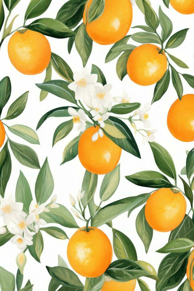 Beautiful botanical watercolor pattern with oranges and leaves photo