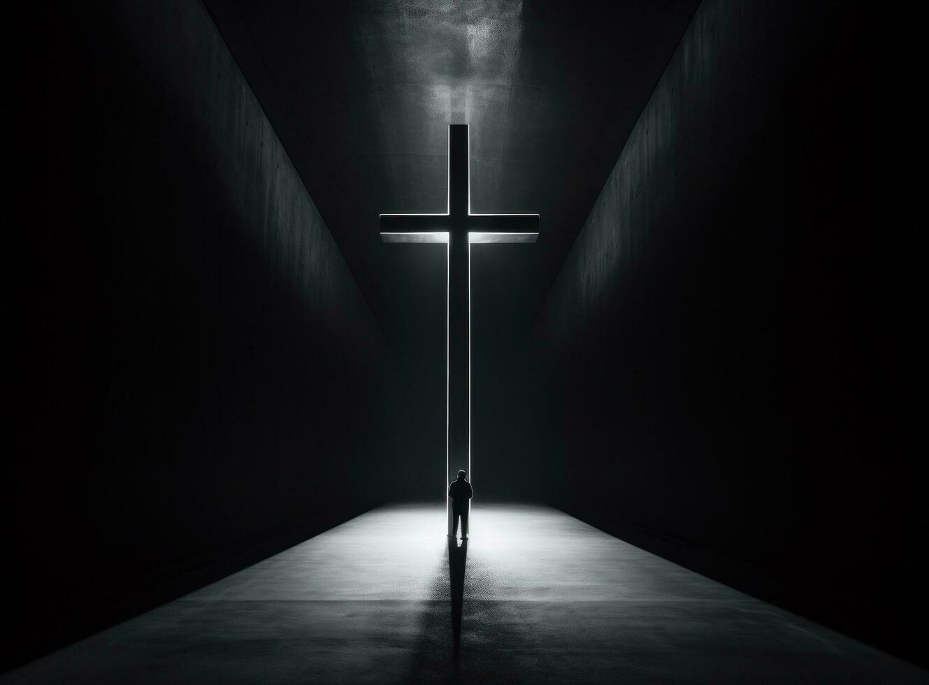 Christian cross with light shining through the tunnel photo