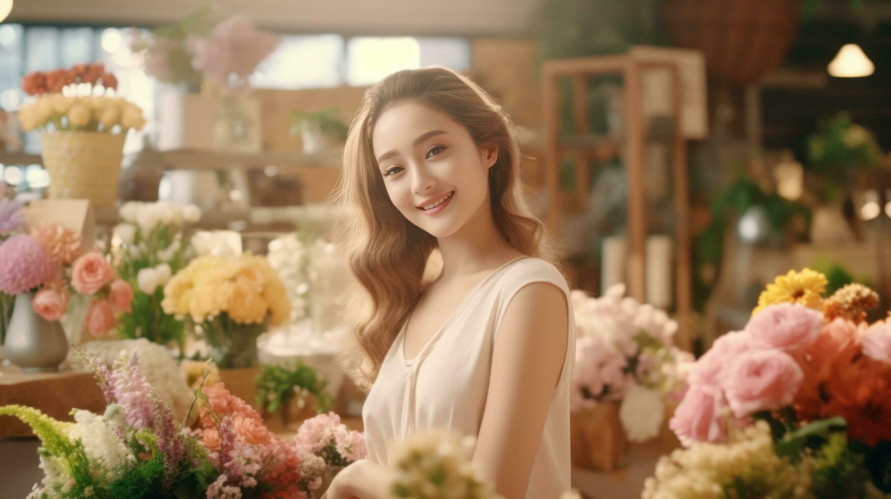 Beautiful girl florist in flower shop photo