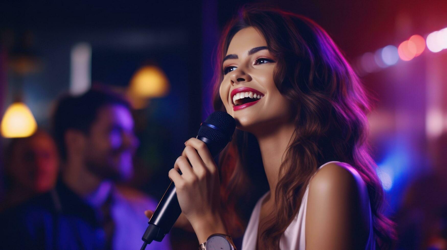 Beautiful girl in karaoke club photo