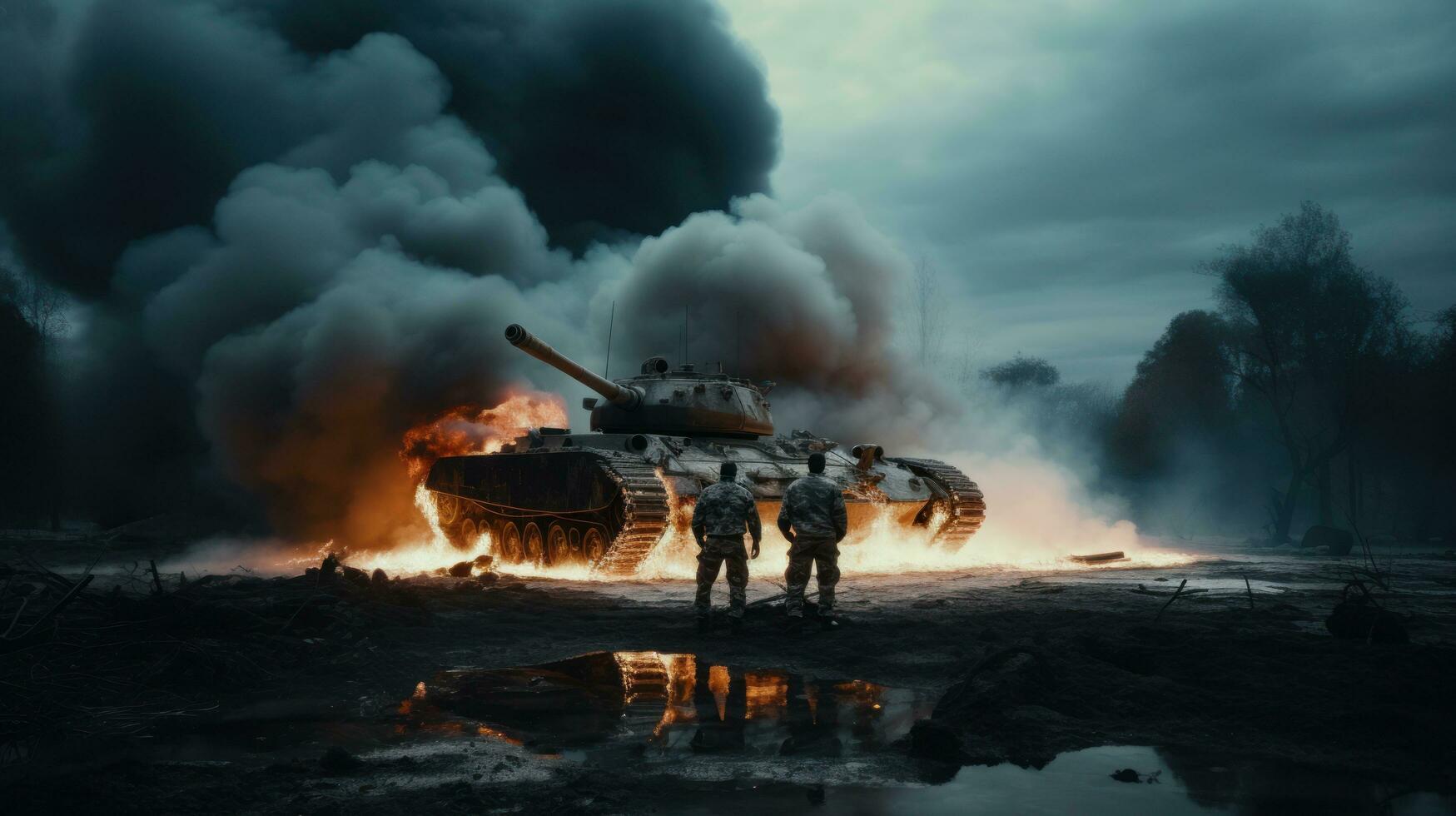 Military white men on a burnt tank photo