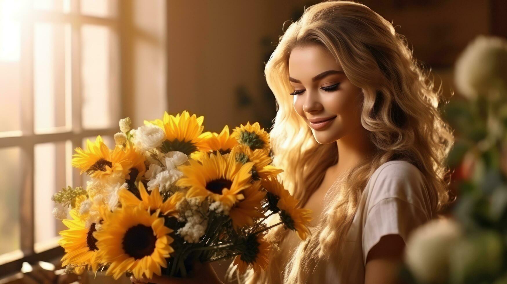 Beautiful woman with sunflower bouquet photo