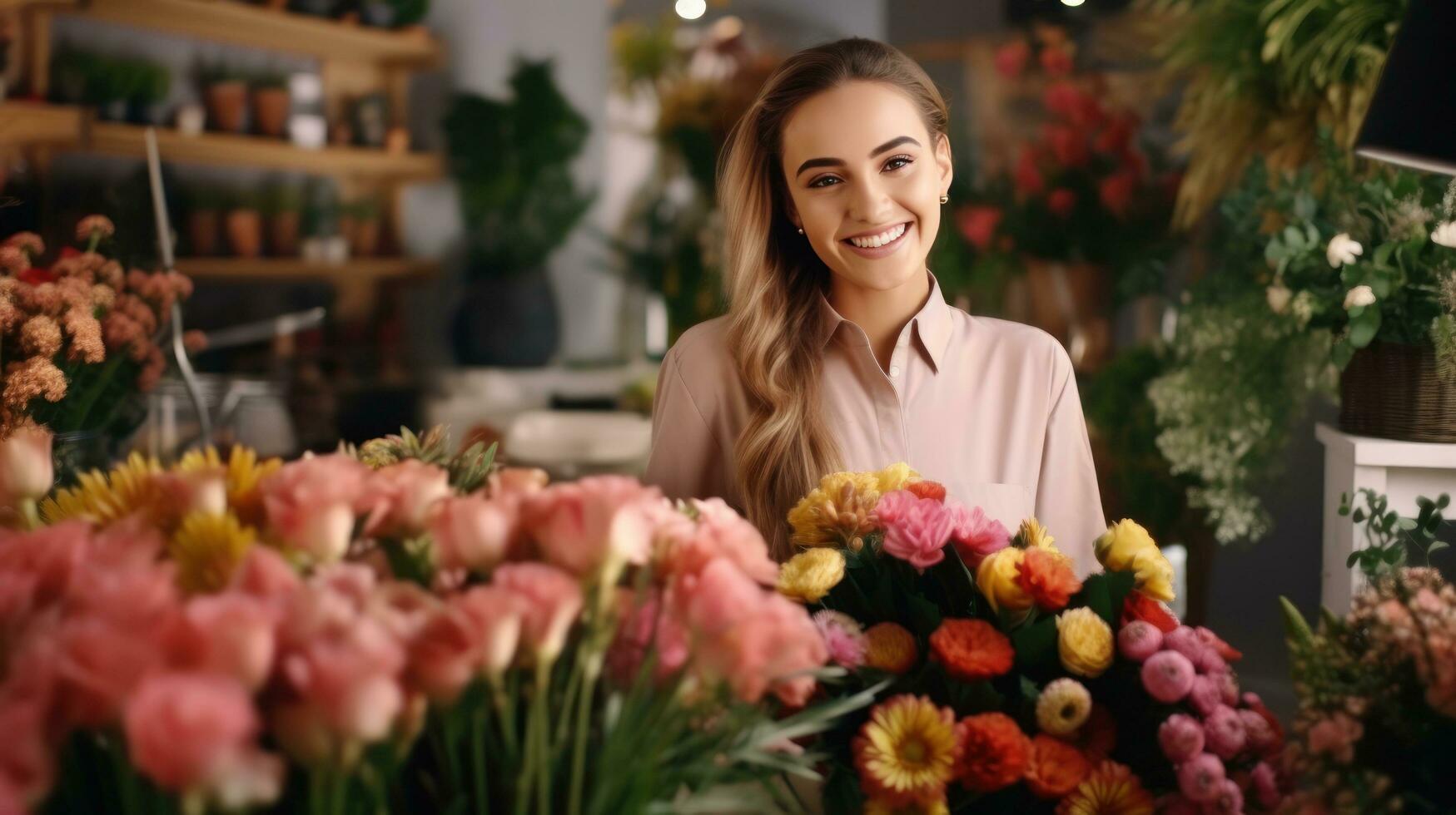 Beautiful girl florist in flower shop photo