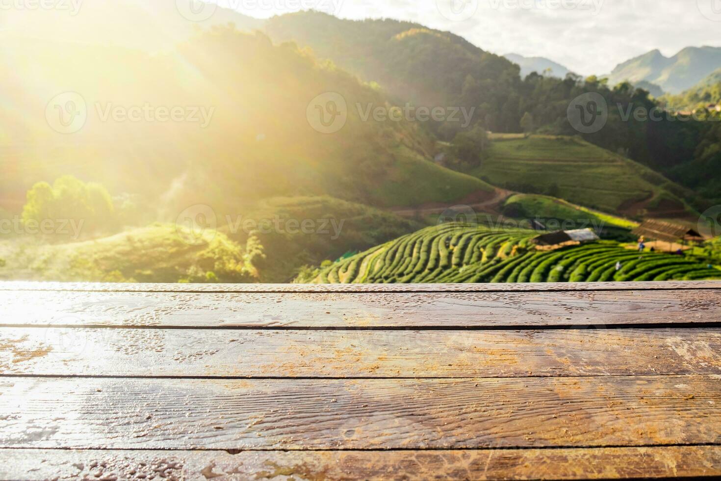 Wood table top on tea plantation photo