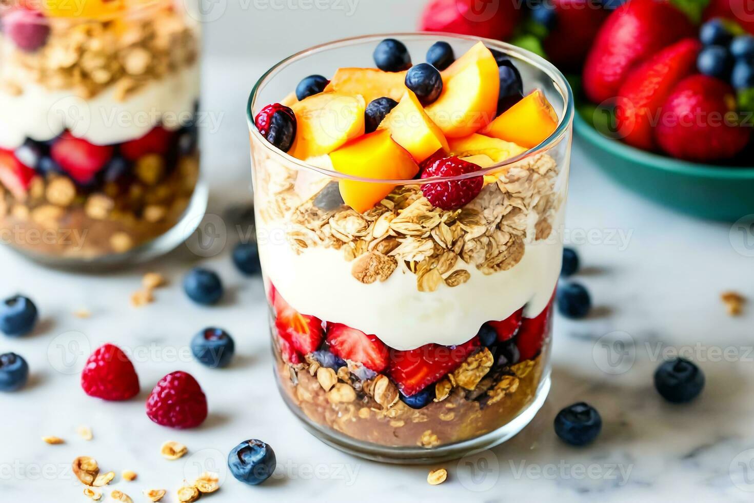 The Summer Breakfast Parfait is a colorful and delicious layered breakfast served in a glass or Mason jar. It's a quick and easy breakfast. Generative AI. photo