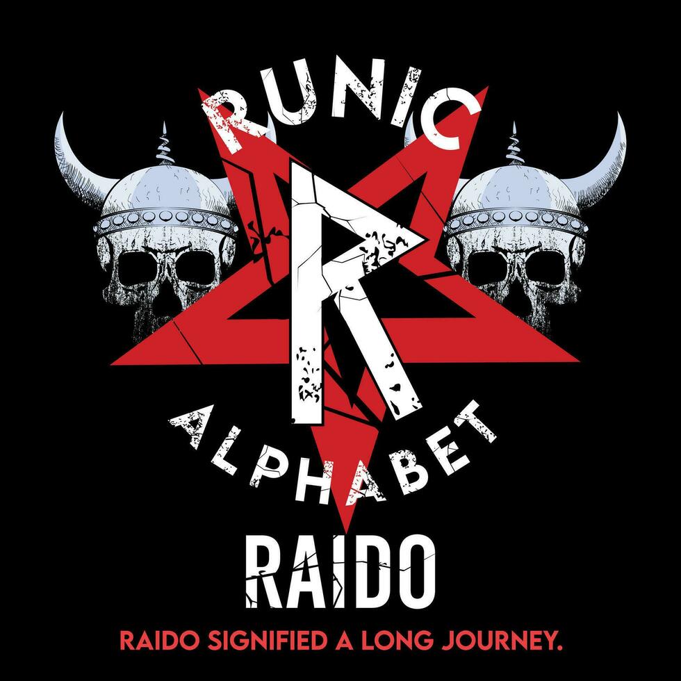 Runic alphabet t-shirt design with star and two viking skulls. Runic letter called Raido large and white. vector