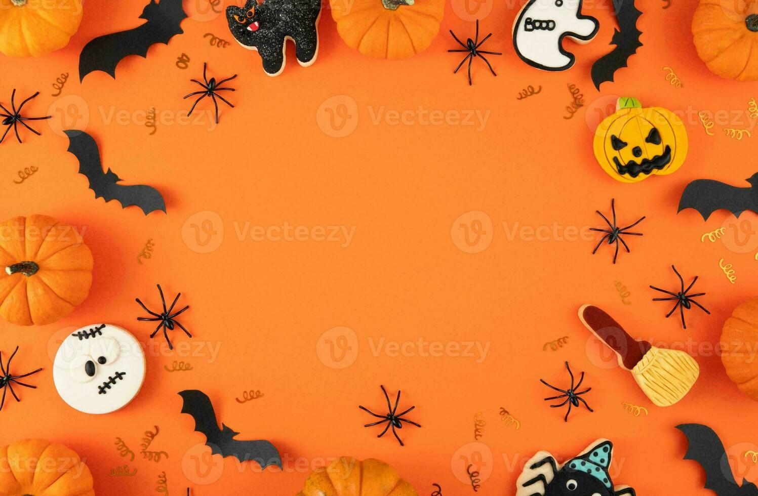 Happy Halloween banner or party invitation background with clouds bats and pumpkins photos