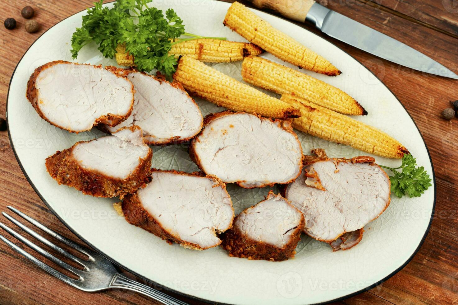 Baked pork slices. photo