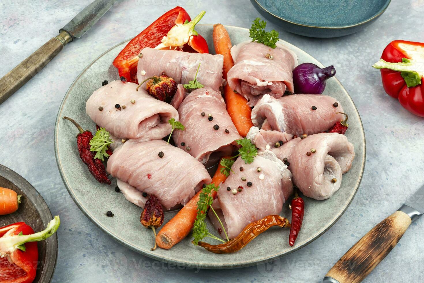 Raw pork meat, steaks. photo
