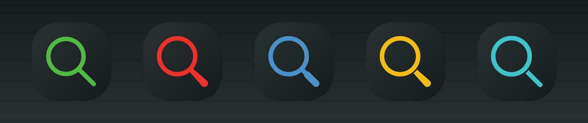 Neomorphic dark style colorful search icons set. vector