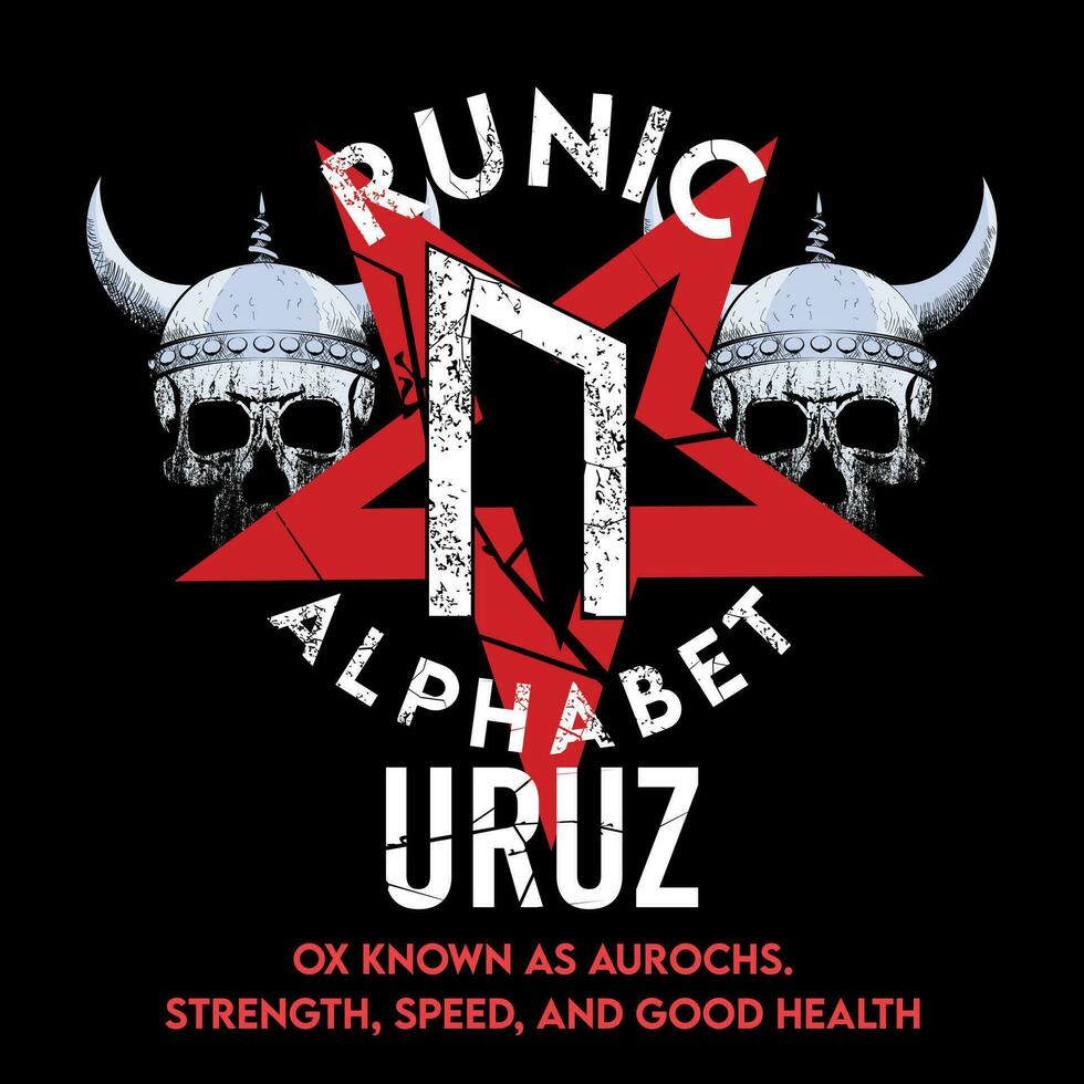 Runic alphabet t-shirt design with star and two viking skulls. Runic letter called Thurisaz large and white. vector