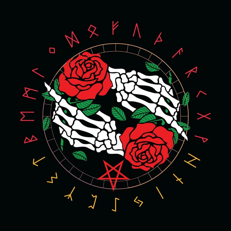 Design for t-shirt with two corpse hands and red roses on a black background. Runic alphabet in circular design. vector
