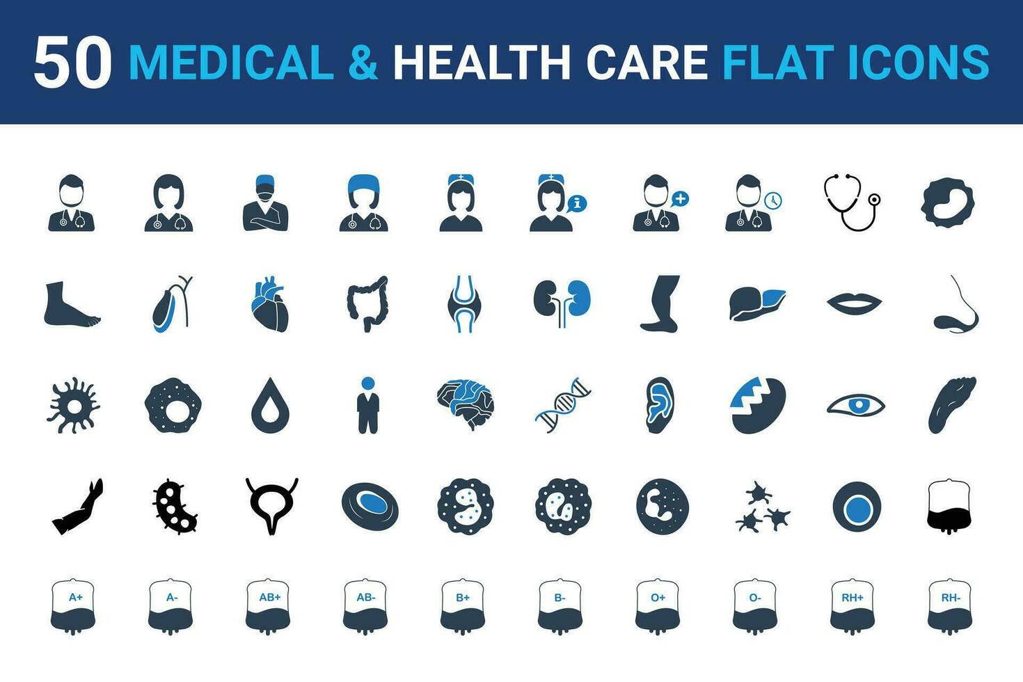 50 medical and health care icon collection flat style isolated on white background. vector illustration for use on web and mobile apps.