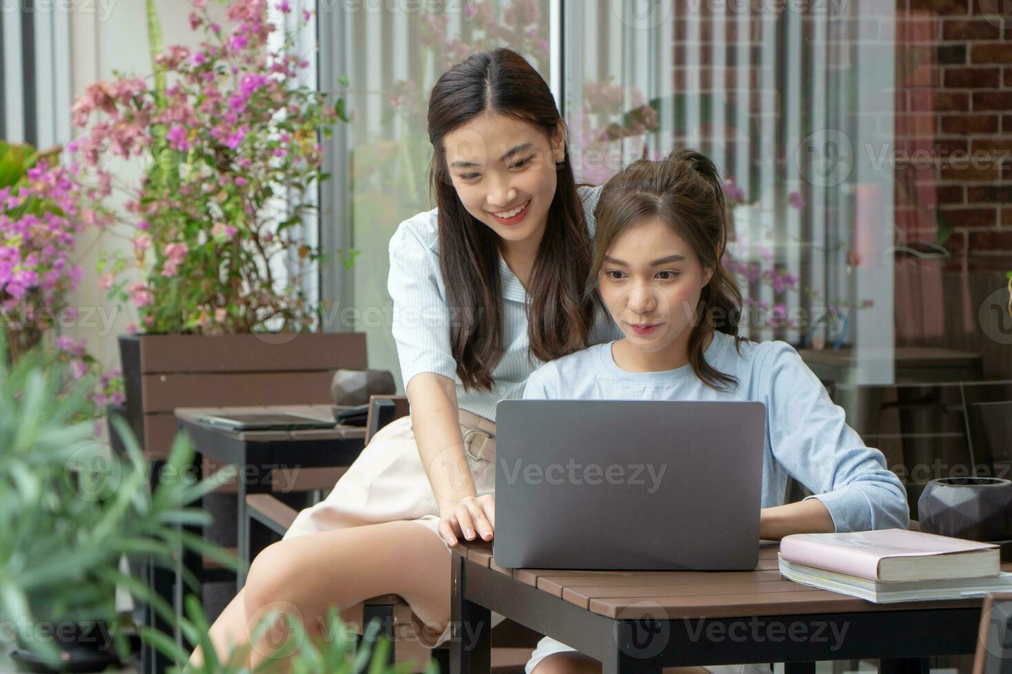 retrato de asiático hembra mejor amigo sentado utilizando ordenador portátil en el balcón fuera de el casa. dos contento mujer mientras compras en línea o laboral. foto