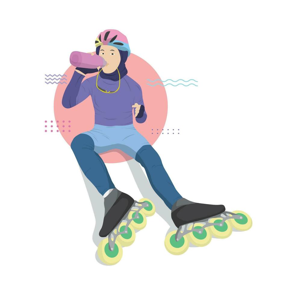 flat cartoon illustration of woman on roller skates sitting down vector