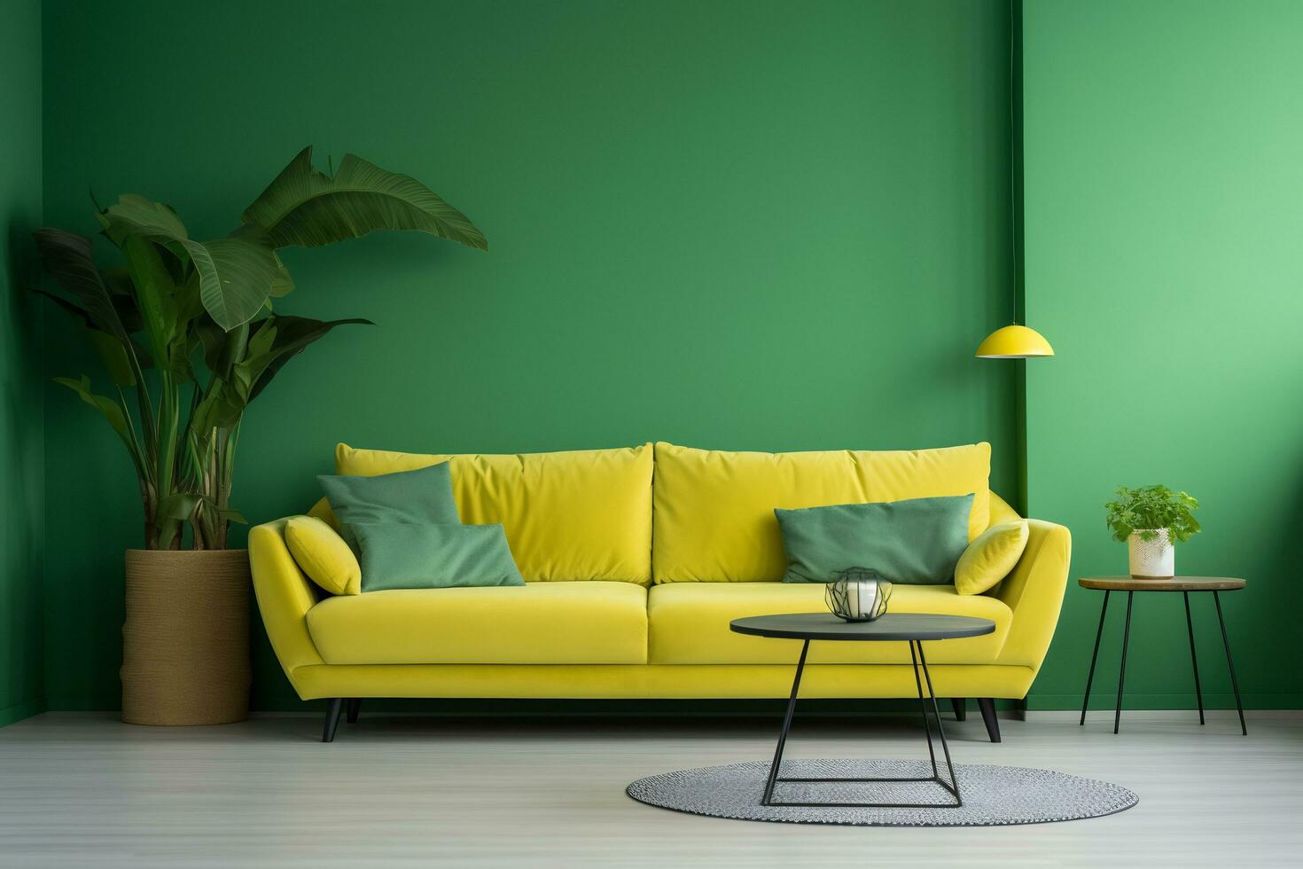 Corner fabric sofa near vibrant wall photo