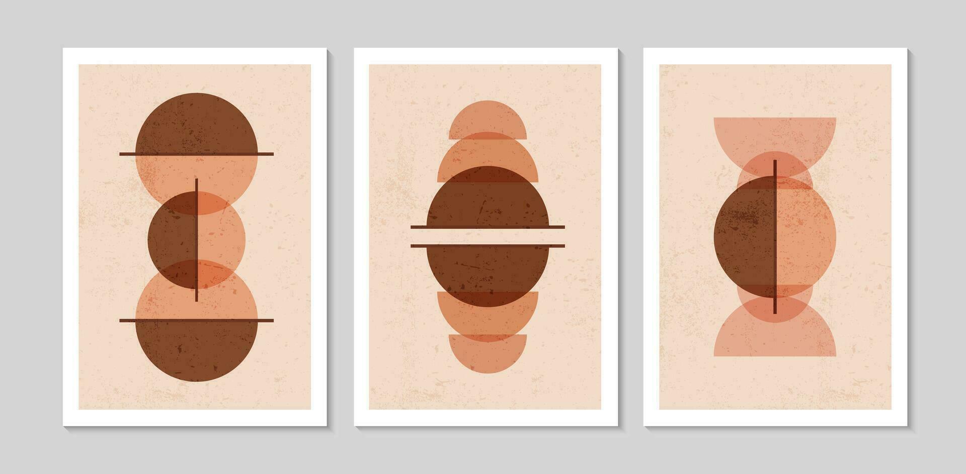 Set of abstract contemporary mid century posters with abstract shapes and texture. Design for wallpaper, background, wall decor, cover, print, card. Modern boho minimalist art. Vector illustration.