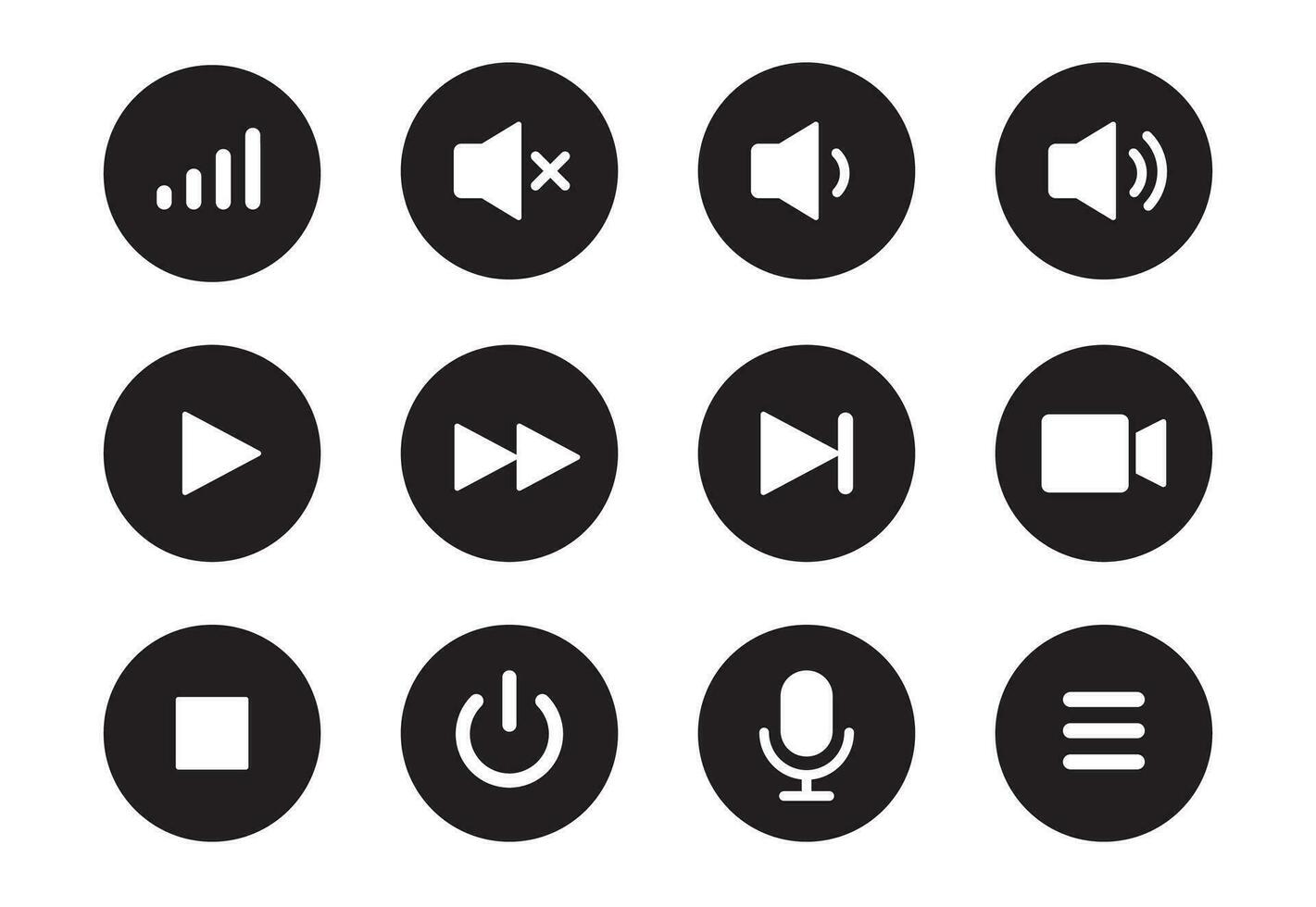 Audio, video, music player button icon. Sound control, play, pause button solid icon set. Camera, media control, microphone interface pictogram.  Vector