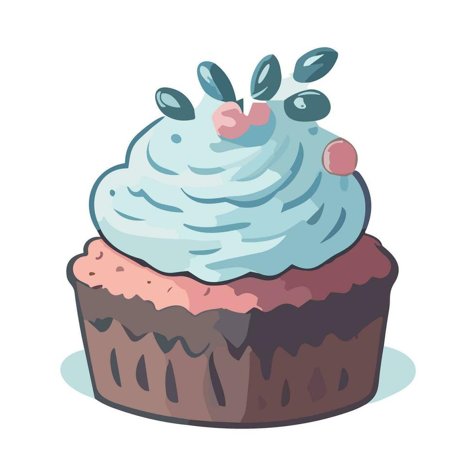 Cupcake with blue cream and cherries. Vector illustration.