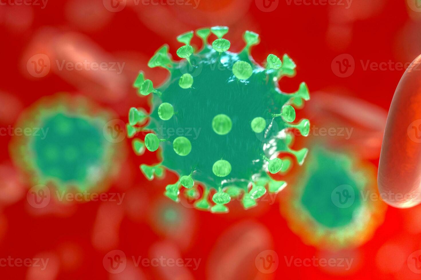 Dispersed corona viruses with blood background, 3d rendering photo