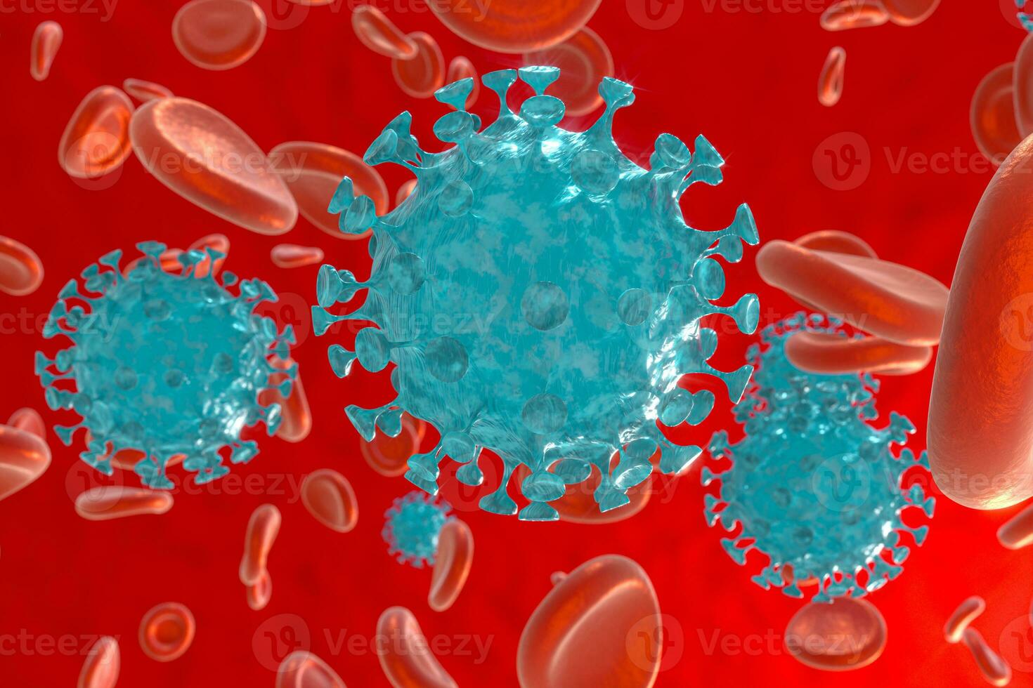 Dispersed corona viruses with blood background, 3d rendering photo