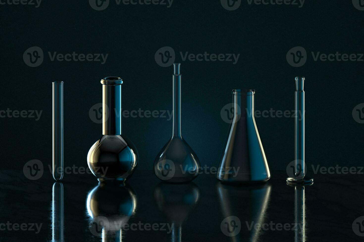 Chemistry glassware with dark background, 3d rendering. photo