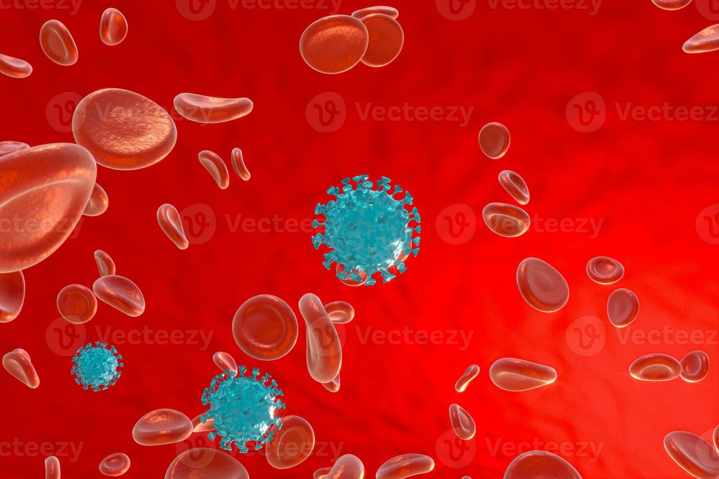 Dispersed corona viruses with blood background, 3d rendering photo