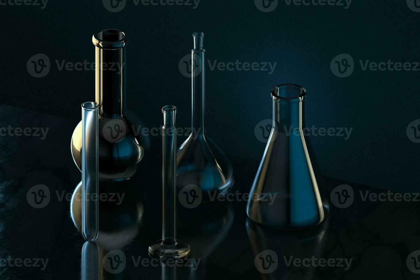 Chemistry glassware with dark background, 3d rendering. photo