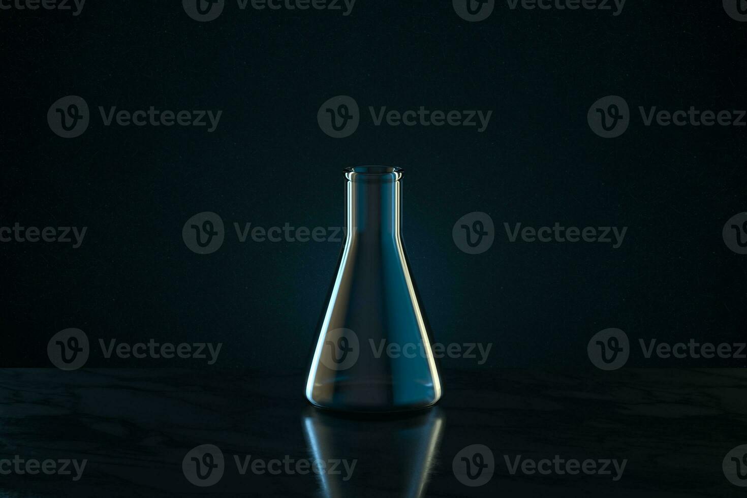 química cristalería con oscuro fondo, 3d representación. foto