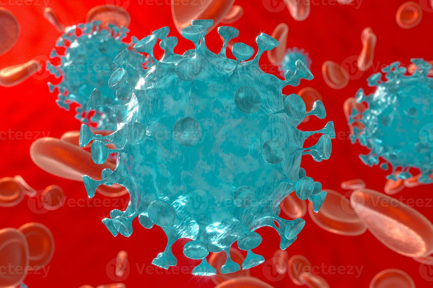 Dispersed corona viruses with blood background, 3d rendering photo
