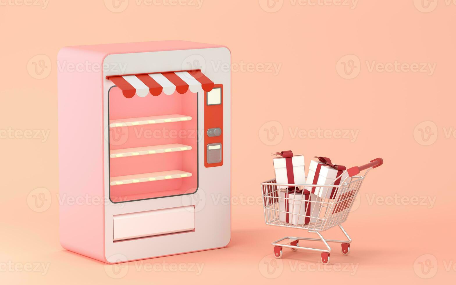 Empty vending machine and presents with pink background, 3d rendering. photo