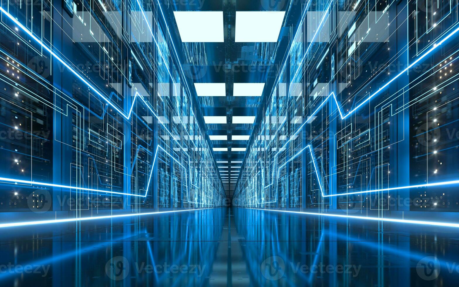 Server racks in computer network security server room data center, 3d rendering. photo