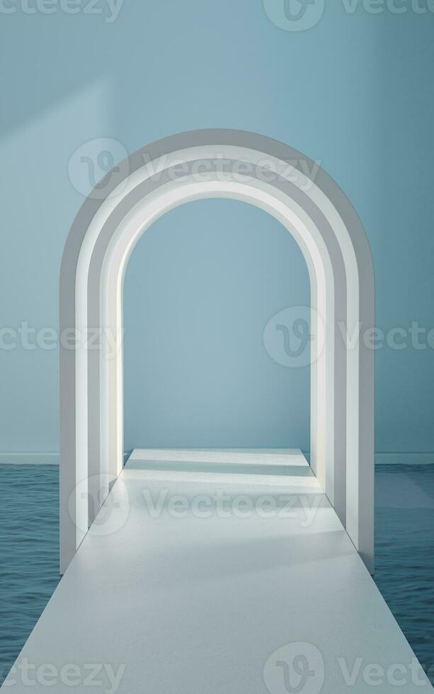 Water and arched door in the empty room, 3d rendering. photo