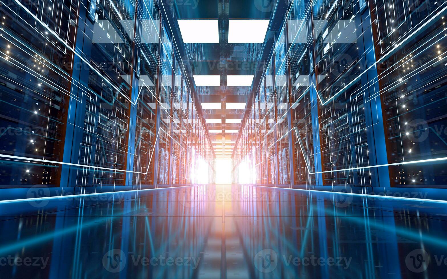 Server racks in computer network security server room data center, 3d rendering. photo