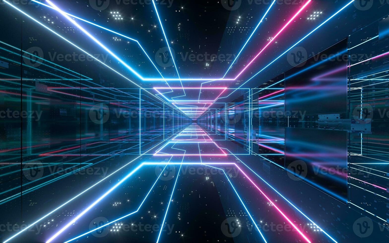 Dark tunnel with glowing neon lines, 3d rendering. photo