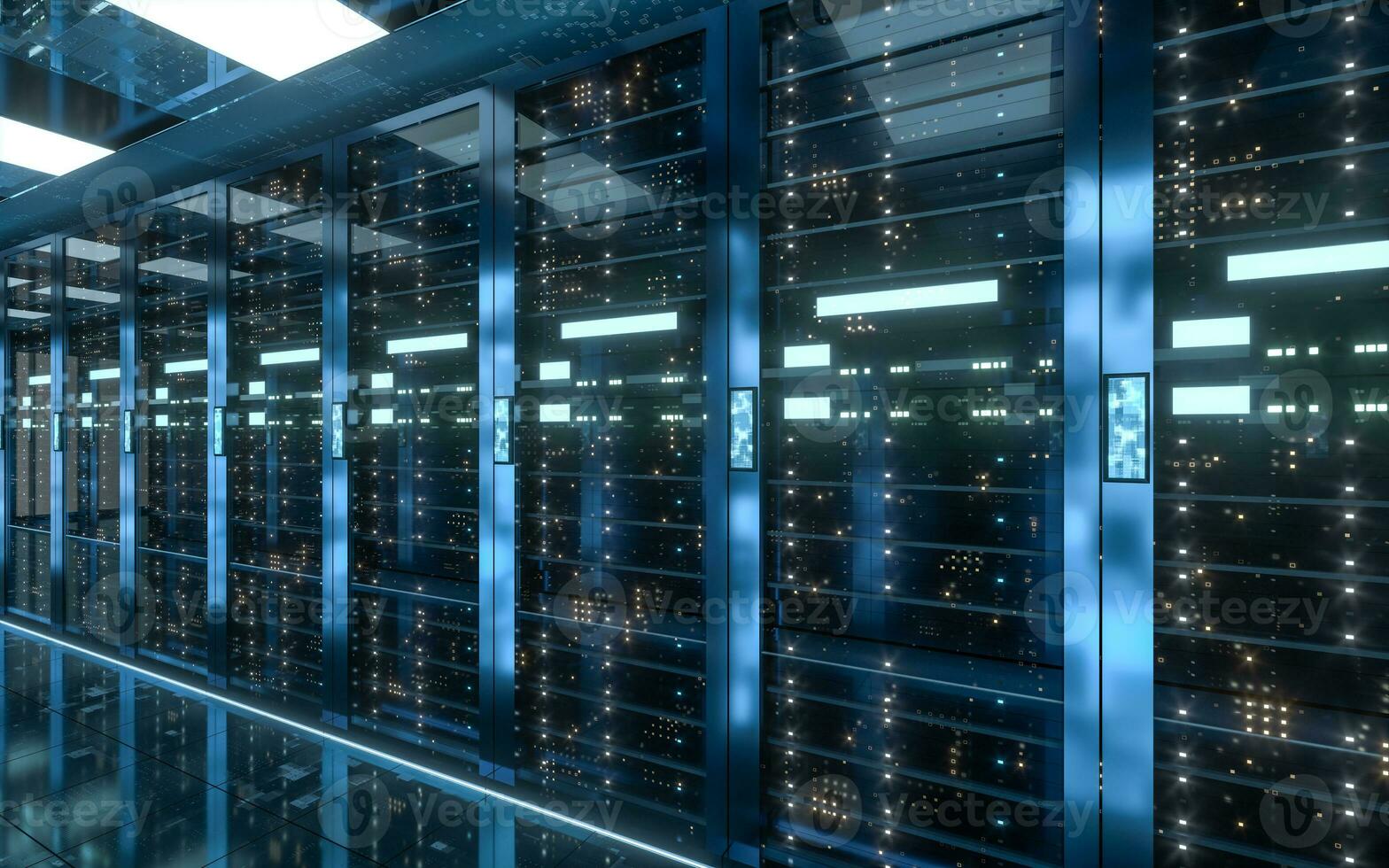 Server racks in computer network security server room data center, 3d rendering. photo