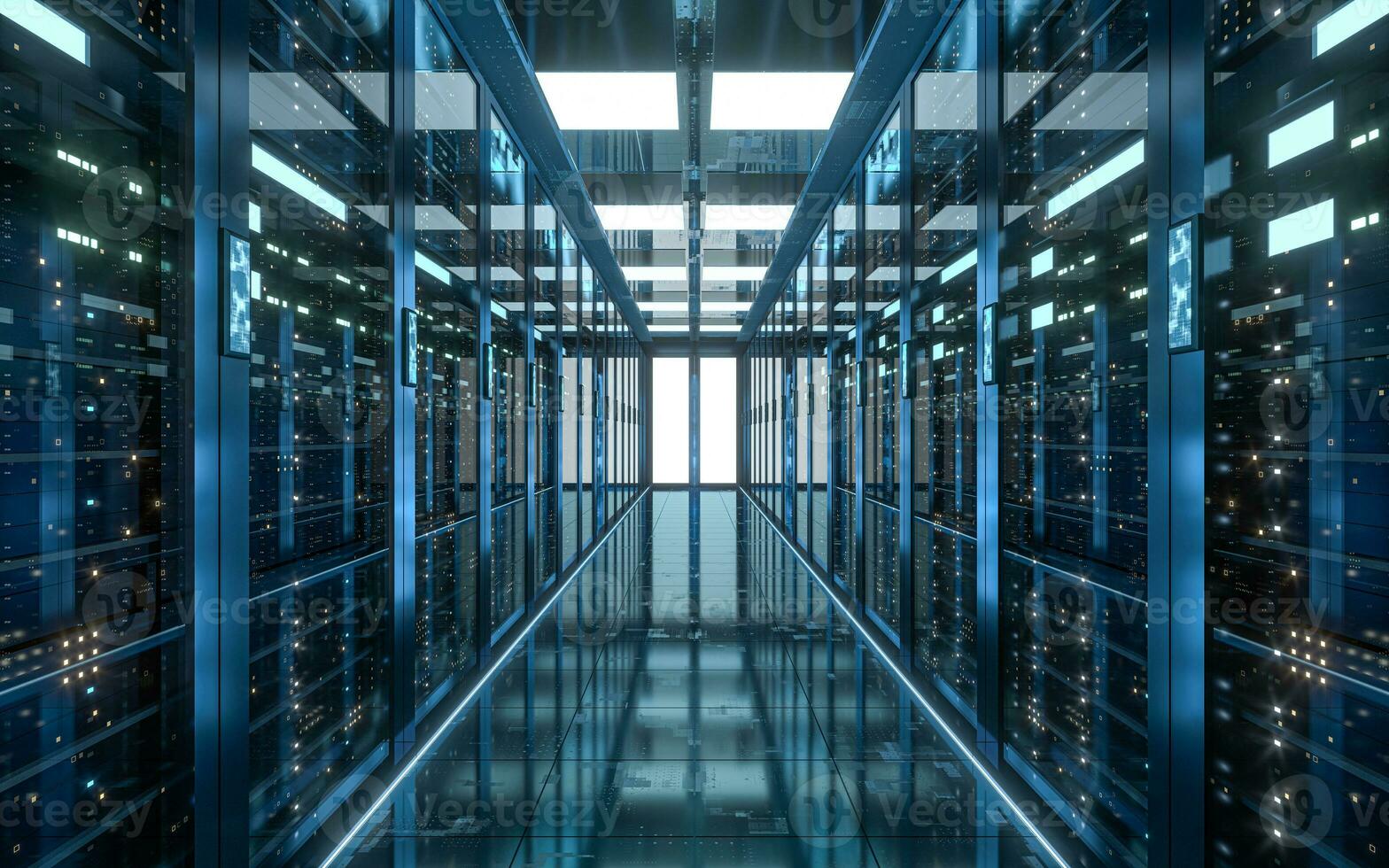 Server racks in computer network security server room data center, 3d rendering. photo