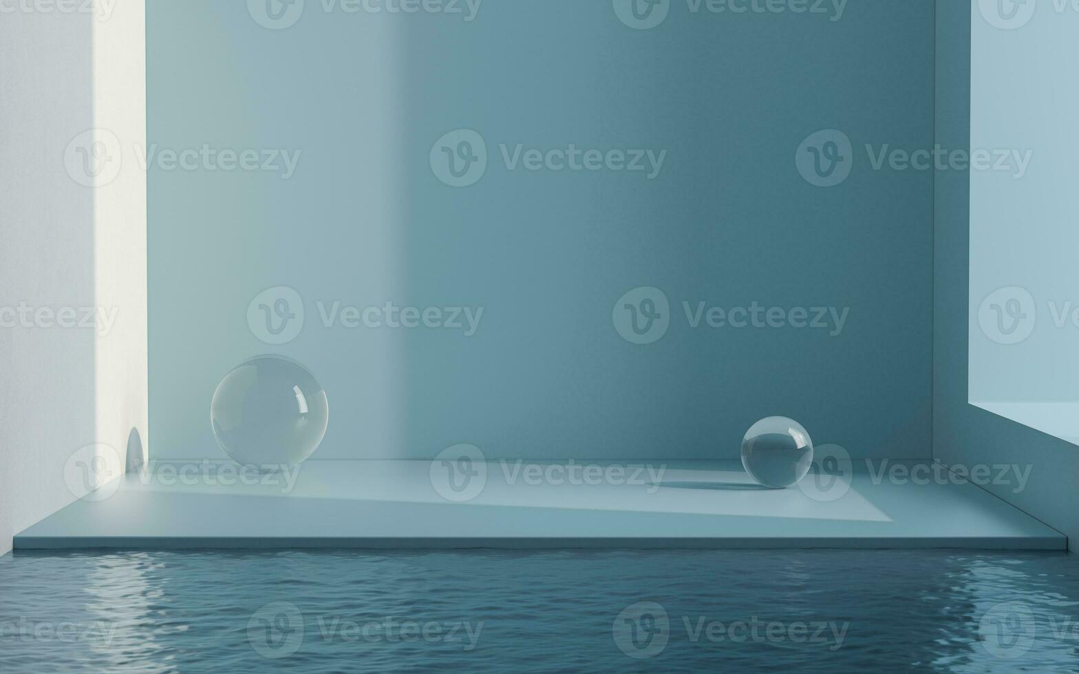 Glass balls and water in an empty room, 3d rendering. photo