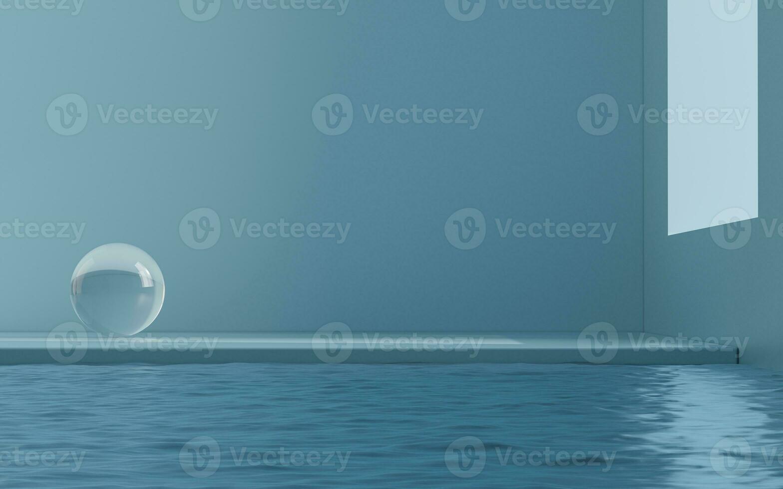 Glass balls and water in an empty room, 3d rendering. photo