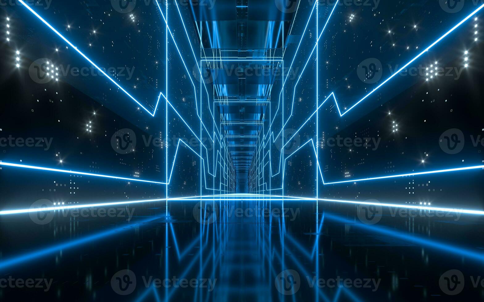 Dark tunnel with glowing neon lines, 3d rendering. photo