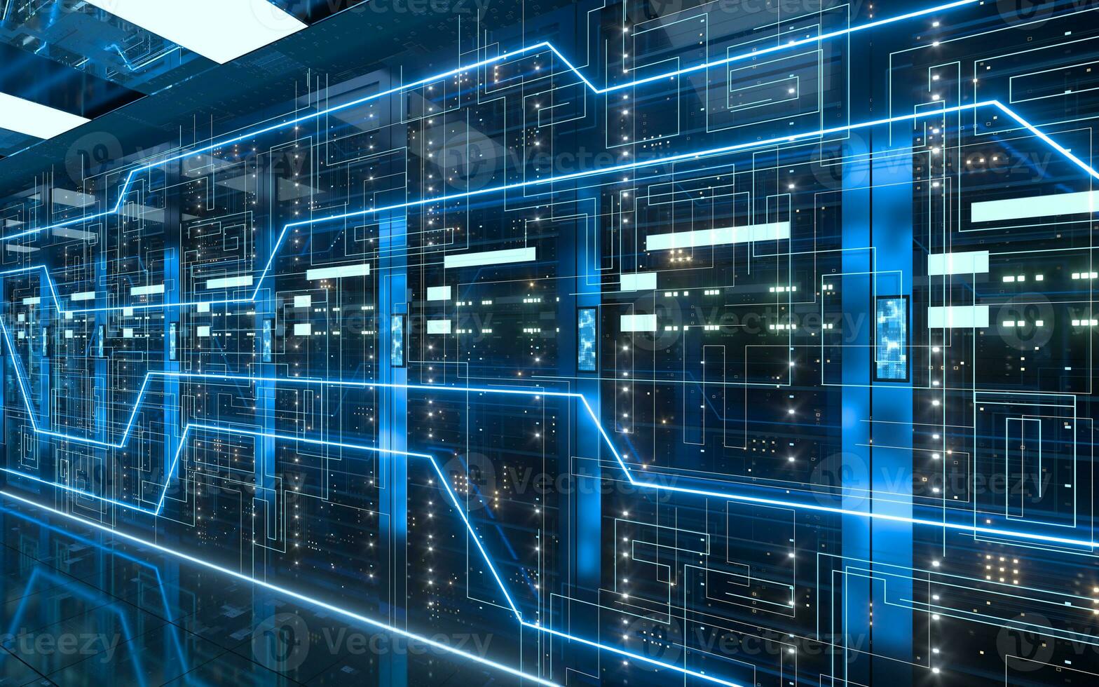 Server racks in computer network security server room data center, 3d rendering. photo