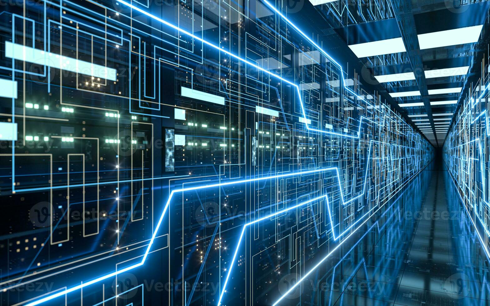 Server racks in computer network security server room data center, 3d rendering. photo