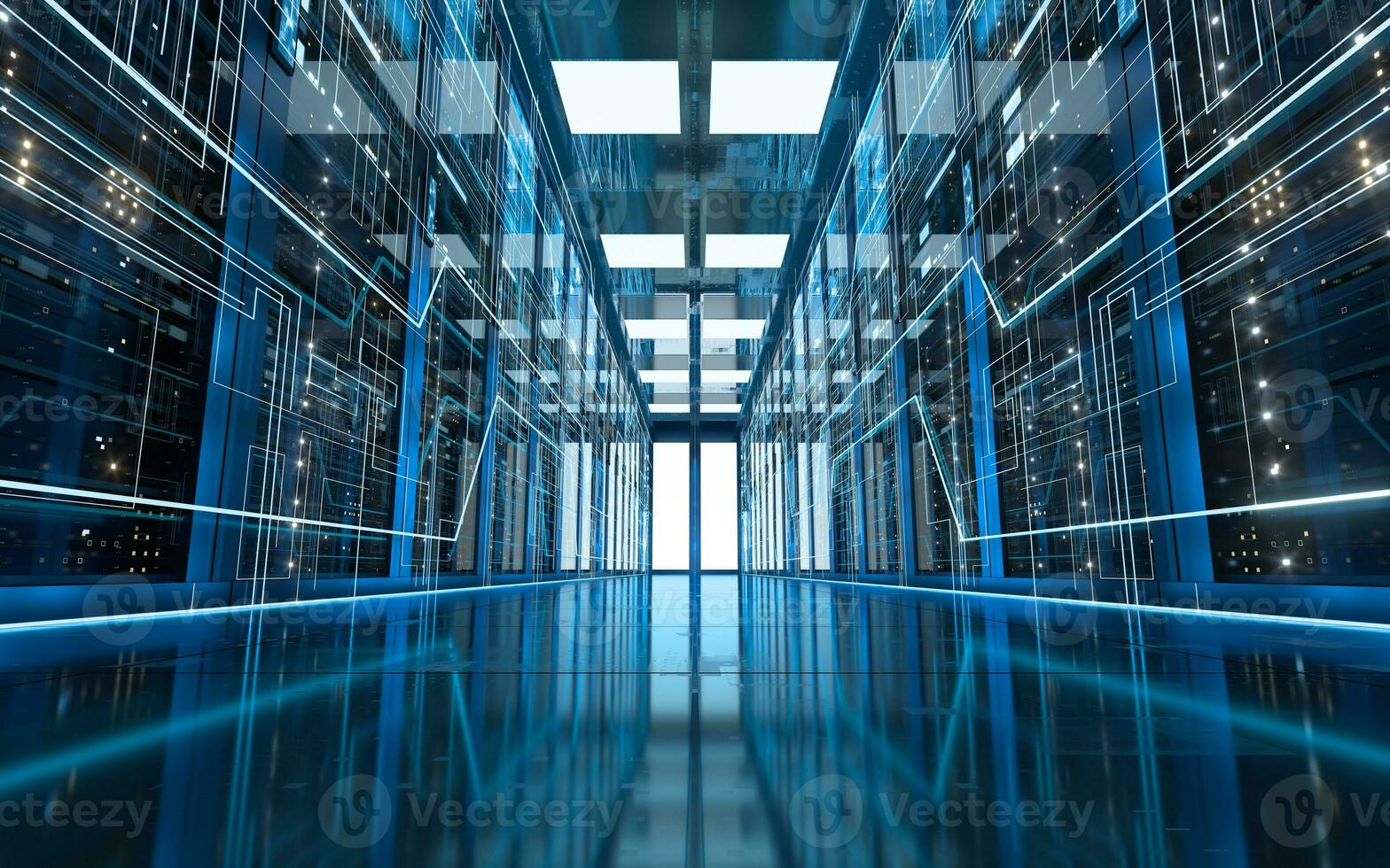 Server racks in computer network security server room data center, 3d rendering. photo