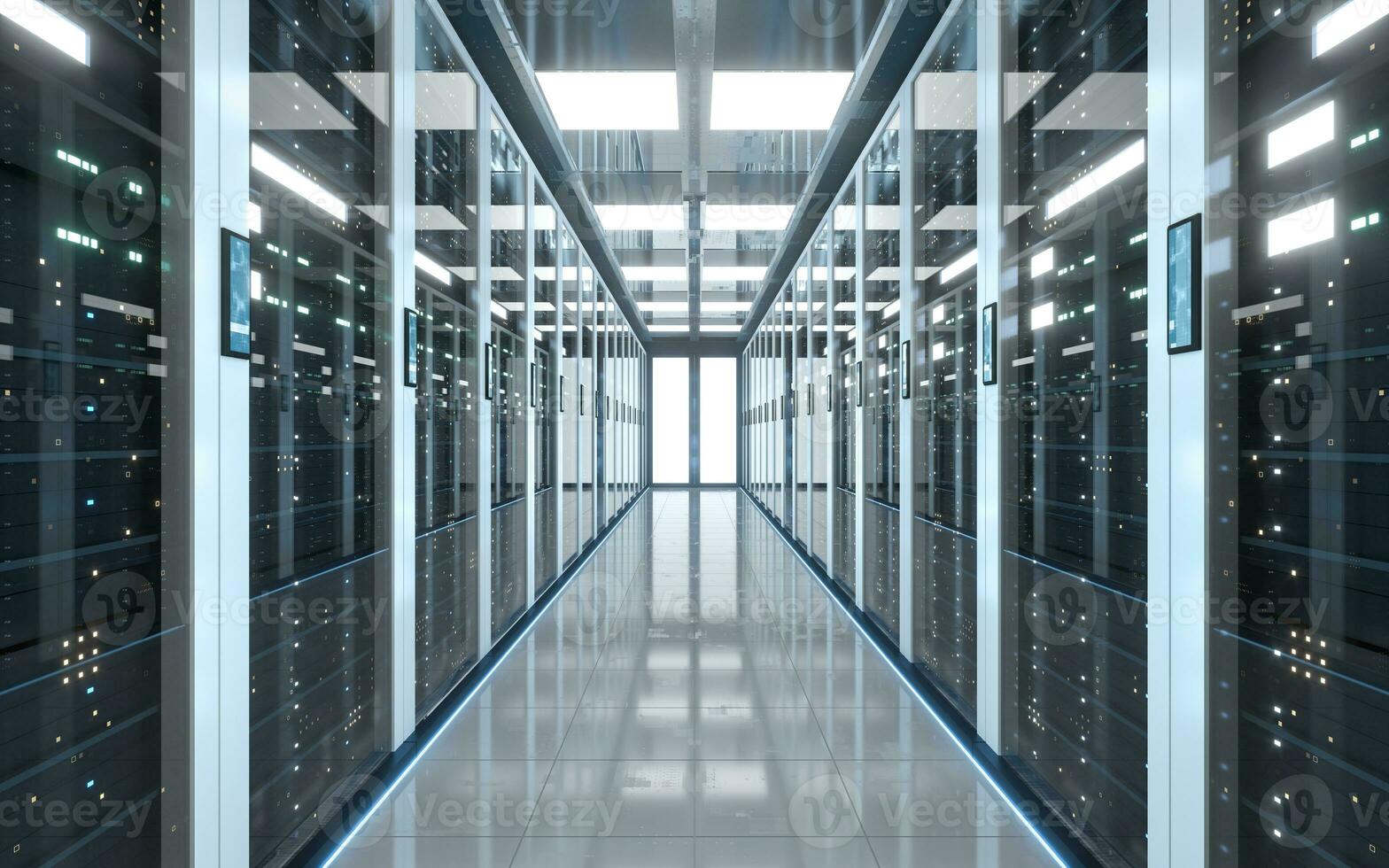 Server racks in computer network security server room data center, 3d rendering. photo