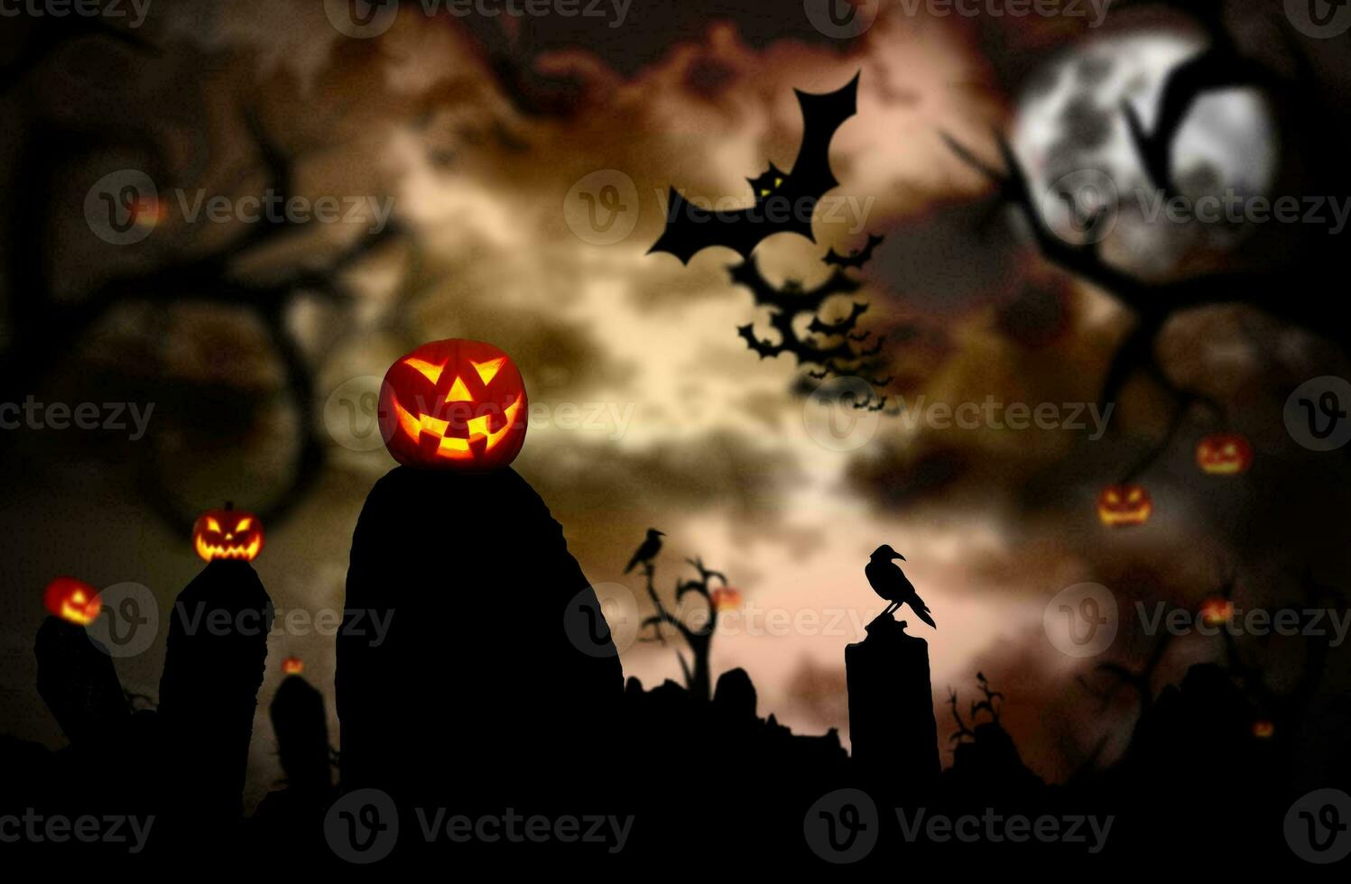 Happy Halloween banner or party invitation background with clouds bats and pumpkins photos