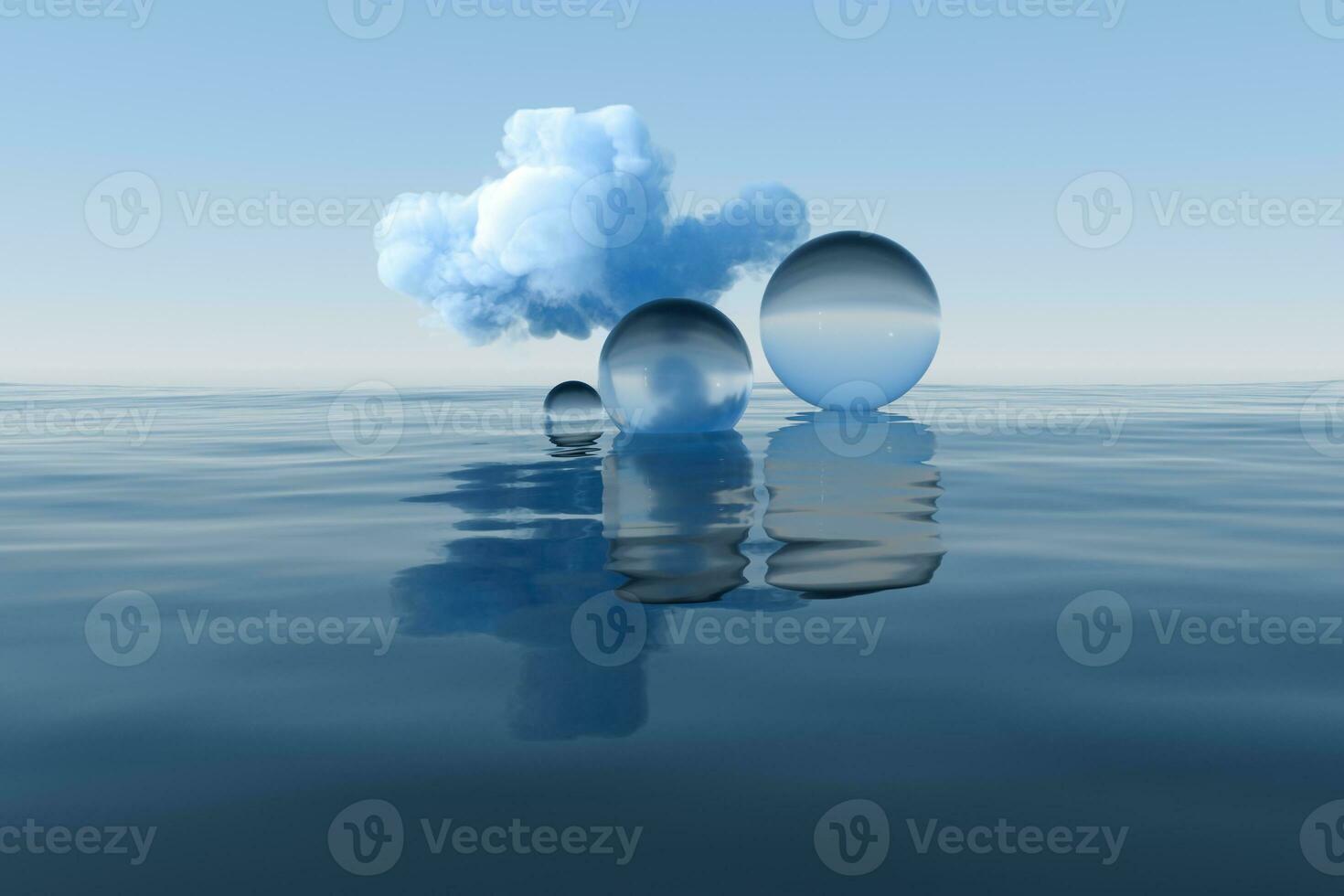 Cloud and geometric figure floating on the lake, 3d rendering. photo