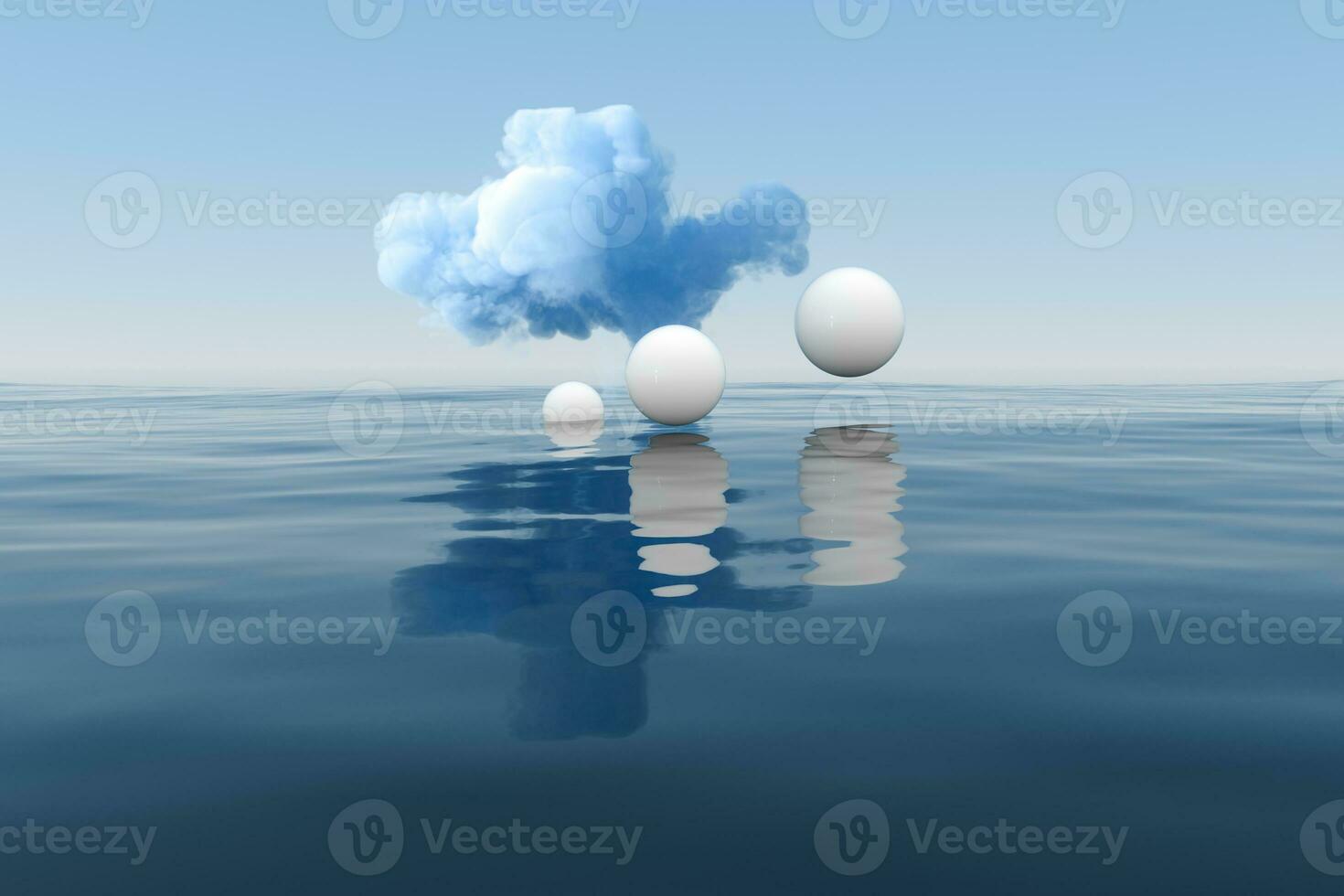 Cloud and geometric figure floating on the lake, 3d rendering. photo